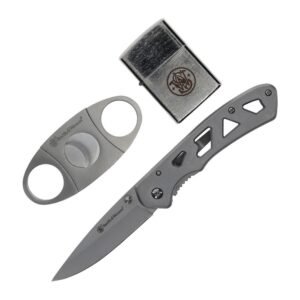 Smith & Wesson Folding Knife Cigar Cutter and Lighter Combo 3" Drop Point Blade Silver